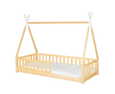 Lit tipi enfant en pin naturel avec barrières de protection 3 côtés, vue complète