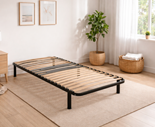 Sommier en kit Optikit 90x190 cm Le Roi du Matelas posé dans une chambre lumineuse – cadre métal et lattes bois