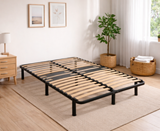 Sommier en kit Optikit 140x200 cm Le Roi du Matelas posé dans une chambre lumineuse – cadre métal et lattes bois